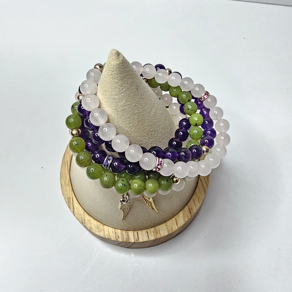 Swarovski Crystal Handmade Beaded Bracelet With Angel Wings Amethyst Rose Quartz
